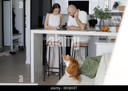 Junge Frau und Mann, die zu Hause Schach spielen Stockfoto
