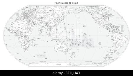 Weltkarte mit hohen Details. Etiketten für Länder, Hauptstadt und andere Städte, Flüsse, Berge, Meere und Ozeane. Gleiche Erdprojektion. Graustufen-atlas-Karte. Australien und Asien im Zentrum Stock Vektor