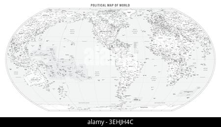 Weltkarte mit hohen Details. Etiketten für Länder, Hauptstadt und andere Städte, Flüsse, Berge, Meere und Ozeane. Gleiche Erdprojektion. Graustufen-atlas-Karte. Amerika zentriert Stock Vektor