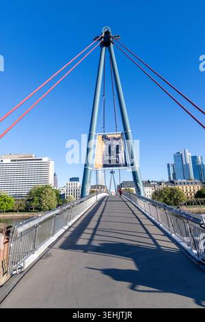 Frankfurt, Deutschland - 1. Mai 2026: Panoramablick auf die Frankfurter Skyline von der Fußgängerbrücke Holbeinsteg im Museum Städel. Stockfoto