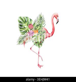 Rosafarbener Flamingovogel, Palmenblätter, Monstera und Strelitzia, Protea, Hibiskusblüten. Aquarell handgezeichnet isolierte Illustration auf Stockfoto