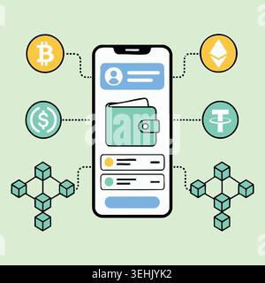 Mobile digitale Brieftasche auf dem Smartphone-Bildschirm mit beliebten Kryptowährungs-Netzwerktoken und Blockchain-Transaktionsknoten für dezentralisierte Online-Finan Stock Vektor
