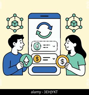 Zwei Personen, die ein Smartphone für sofortige digitale Geldbörsen, Blockchain-Transaktionen, Online-Zahlungen, E-Commerce und schnelle Technologien zum Senden von Krypto-Assets verwenden Stock Vektor