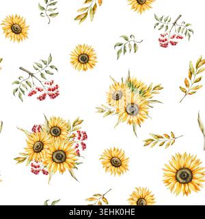 Aquarellstrauß aus hellgelben Sonnenblumen und vogelbeeren in warmen Herbsttönen. Botanische handgezeichnete Illustration isoliert auf Hintergrund. Ideal Stockfoto