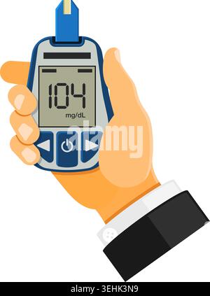 Hand hält Blutzuckermessgerät. Blutzuckerspiegel, Tests, Behandlung, Überwachung und Diagnose von Diabetes Konzept. Symbol im flachen Stil. Isolierte vecto Stock Vektor