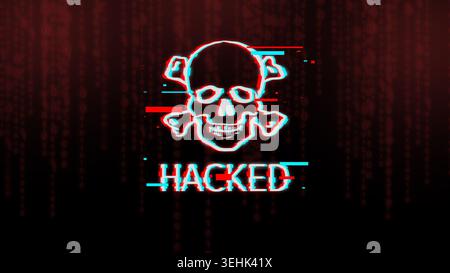 Schädel und Knochen Symbol mit Inschrift über dunklen Hintergrund gehackt Stockfoto