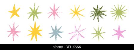 Bunte handgezeichnete Buntstifte für Kinder mit Bleistiftzeichnung. Niedliche Frühlings-Doodle-Elemente, funkelnde Formen und Pastellkritzel für Schuldesign, Zeichentrickmuster, magische Dekoration und lustige Kunst Stock Vektor