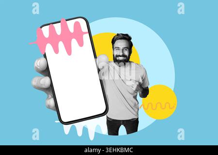Die Hand hält ein Smartphone mit leerem Bildschirm in einem farbenfrohen Collage-Design Stockfoto