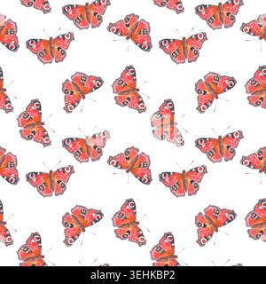 Kleines nahtloses Aquarellmuster mit Pfauenfalter im Flug auf weißem Hintergrund. Handgemaltes, lebendiges, wiederkehrendes Design für Stoff Stockfoto