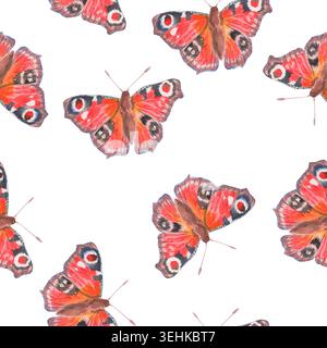 Luftiges, nahtloses Aquarellmuster mit Pfauenfalter auf weiß Stockfoto