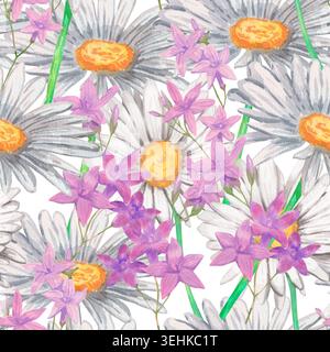 Nahtloses Aquarellmuster mit weißen Gänseblümchen und lilafarbenen campanula-Blüten auf weißem Hintergrund. Handgemaltes botanisches Wiederholungsmuster für Stoff Stockfoto