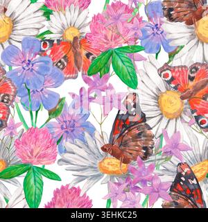 Nahtloses Aquarellmuster mit Gänseblümchen, Klee, Geranie, campanula, Pfau und Admiral-Schmetterlingen auf weiß. Handgemalte botanische Helden wiederholen Stockfoto