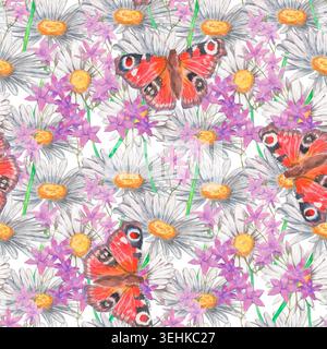 Nahtloses Aquarellmuster mit weißen Gänseblümchen, lilafarbenen campanula-Blumen und Pfauenfalter auf weiß. Handgemaltes, lebendiges botanisches Wiederholungsdesign Stockfoto