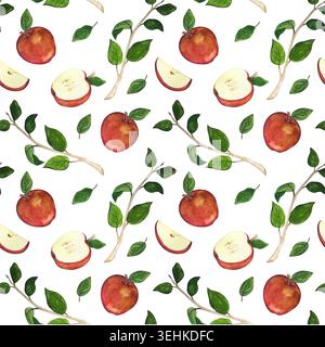 Roter Apfel mit heller und nahtloser Aquarellabbildung Stockfoto