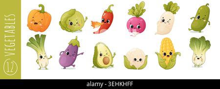Niedliche Gemüsefiguren mit Kürbiskohl, Chili, Rettich, Gurke, Avocado und anderem Gartengemüse im Kawaii-Zeichentrickstil Stock Vektor