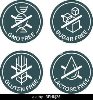 Laktosefreies flaches Piktogramm, zuckerfrei, glutenfrei, GVO-frei - Set von Lebensmittelverpackungen Dekorationselement für gesund natürlich Bio Stock Vektor