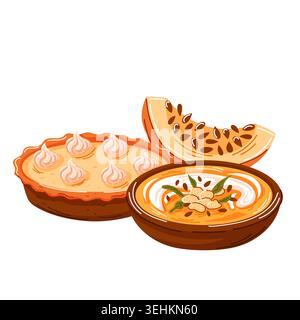 Köstliches Kürbisessen mit Kuchen, Cremesuppe und Scheibe auf weißem Hintergrund im Cartoon-Stil. Herbstliches süßes Dessert und gesundes Gericht. Vektor Stock Vektor