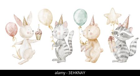 Tieraquarell Illustration mit Geburtstagsparty Komposition, Ballons und Geschenkboxen auf isoliertem Hintergrund. Niedlicher Hase und Bär für Babypartyeinladungen oder kindische Grußkarten in Pastellfarben. Stockfoto