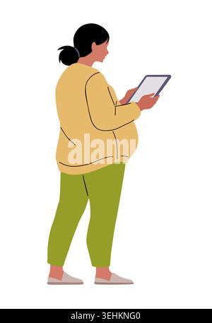 Schwangere Frau steht im Profil und hält die Tablette Stock Vektor