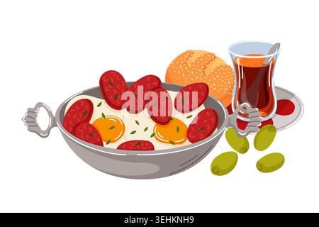 Illustration zum traditionellen türkischen Frühstück mit Spiegelei, Sucuk, Oliven, Pogaca-Brot und Tee in einem Glas im Cartoon-Stil. Stock Vektor