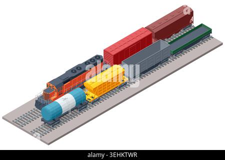 Großer isometrischer Güterzug mit orangener Lokomotive und verschiedenen Wagen. Diese komplexe Szene veranschaulicht den Betrieb des Schienennetzes und die schwere Logistik Stock Vektor