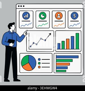 Geschäftsmann präsentiert Finanzbericht-Präsentation mit flacher Vektorillustration des Managers, der Marktanalyse Daten Diagramme Statistiken zeigt Stock Vektor
