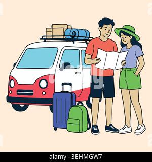 Paare mit Karte Vorbereitung für Sommer Auto Reise Reise mit flachen Vektor Illustration von glücklichen jungen Touristen Mann und Frau auf Weg Route mit lu Stock Vektor