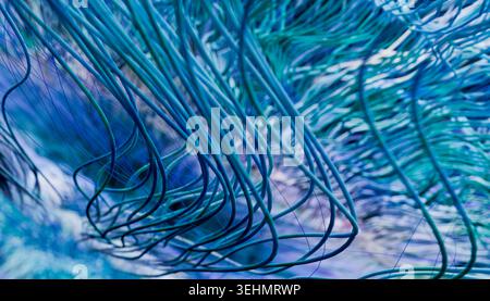 Ein fesselndes digitales Rendering mit einer faszinierenden Palette fließender blauer Linien und Formen, die einer abstrakten Pupille ähneln. Perfekt für den Modus entwickelt Stockfoto