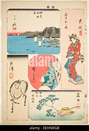Oiso, Odawara, Hakone, Mishima und Numazu, nein 3 aus der Serie Cutout Pictures of the Tokaido von Utagawa Hiroshige, ca. 1848–52, Holzschnitt aus Verbundwerkstoff, der mehrere Szenen zeigt, darunter eine Küstenlandschaft mit Booten, eine Frau in kunstvollem rotem Gewand, eine Pferdestube und ein Stillleben mit Fächer- und Teegeräten Stockfoto