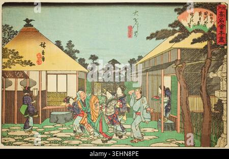 Das Tagawaya Restaurant vor dem Daionji von Utagawa Hiroshige, ca. 1838–40, zeigt Gäste und Mitarbeiter, die sich in einem Restaurant im Innenhof unter Laternen und alten Bäumen versammelt haben Stockfoto