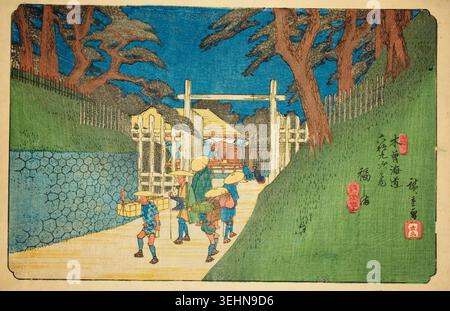 Nr. 38: Fukushima aus der Serie Sixty-Neunundsechzig Stationen des Kisokaido von Utagawa Hiroshige, um 1835–38, die Reisende und Dorfbewohner darstellen, die sich in einer Straße unter hohen Bäumen versammeln Stockfoto