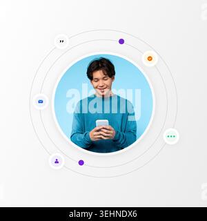 Junger Mann, der das Smartphone in einem einfachen Hintergrund benutzt, mit Symbolen für Kommunikation Stockfoto