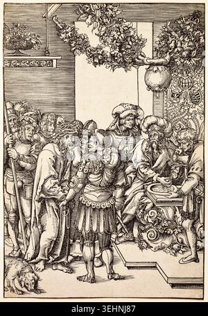 Pilatus wascht seine Hände, aus der Passion von Lucas Cranach dem Älteren, 1509, die die biblische Szene von Pontius Pilatus vor einer Schar von Soldaten und Dienern in raffinierter Renaissance-Kleidung darstellt Stockfoto