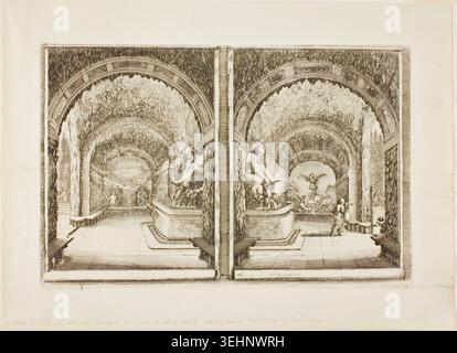 The Grotto of Pan and Fame von Stefano della Bella, 1653–55, zeigt ein klassisches architektonisches Interieur mit Tonnengewölbedecken, ornamentalen Reliefskulpturen und mehreren Figuren, die eine imaginierte Medici-Gartengrotte erkunden Stockfoto