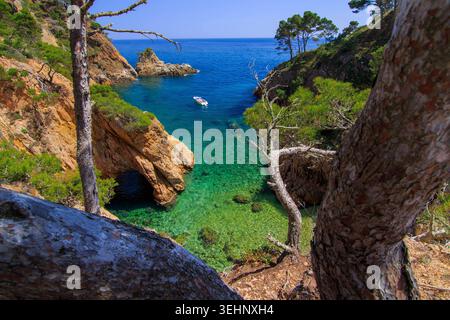 Versteckte Bucht in Cala Sa Corbatera mit Boot, Costa Brava, in der Region Palamos Stockfoto