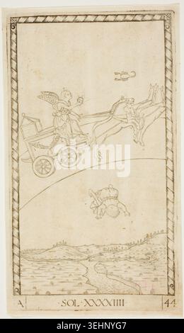 Die Sonne, Platte 44 aus Planeten und Kugeln von Meister der E-Serie Tarocchi, um 1465, zeigt einen Wagen gezeichnet von Pferden mit einer geflügelten Figur, ein fallendes Kind und einen Skorpion in einer Himmelslandschaft Stockfoto