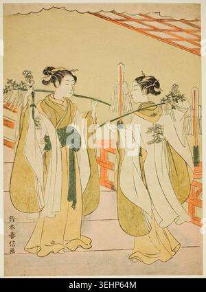 Shrine Maidens Onami und Ohatsu tanzen im Yushima Tenjin-Schrein von Suzuki Harunobu, um 1769, wobei zwei elegant gekleidete Frauen in anmutigen Posen in einem Schrein-Tempel dargestellt werden Stockfoto