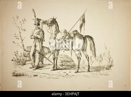 Lancer on Foot Walking Next to His Horse von Carle Vernet, 1817, zeigt einen uniformierten französischen Soldaten in Militärkleidung, der sein gesatteltes Pferd durch offenes Gelände führt Stockfoto