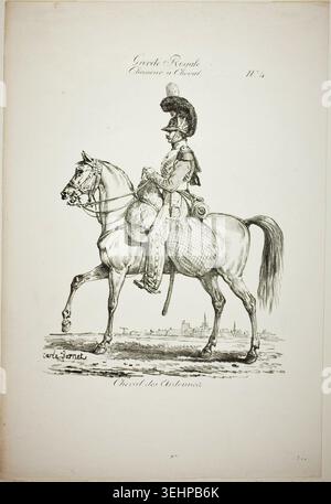 Royal Guard, Norman Mounted Light Infantryman and Horse, No. 4 von Carle Vernet, um 1818, zeigt einen uniformierten Kavallerie-Offizier in kunstvoller Militärkleidung auf einem Sattelpferd Stockfoto