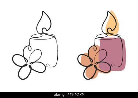 Zwei einzeilige Kunstillustrationen zeigen eine beleuchtete Kerze neben einer Blume. Stock Vektor