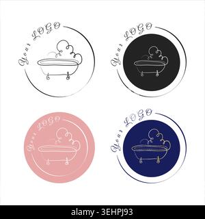 Vier kreisförmige Logos sind mit einer einfachen, durchgehend gestalteten Klauenfuß-Badewanne mit Dampf ausgestattet. Ihr LOGOTEXT umgibt das Design. Stock Vektor