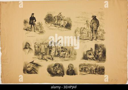 Blatt der Skizzen von Denis Auguste Marie Raffet, 1829, mit verschiedenen Figuren und Szenen, darunter Militärpersonal auf dem Pferd, Zivilisten in Gesprächen und Menschenversammlungen Stockfoto