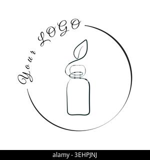 Die elegante, durchgehende Strichgrafik zeigt eine Flasche mit einem Blatt auf der Oberseite, umgeben von einer schwarzen Linie und Ihrem Logo-Text. Dies ist ein minimalistisches Designkonzept. Stock Vektor