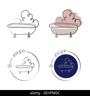 Vier elegante einzeilige Badewannen mit Kunstwerken werden als modernes Logo-Design-Konzept präsentiert. Zu den Varianten gehören schwarze Konturen, farbige Flächen und kreisförmige Rahmen mit Platzhaltertext. Stock Vektor