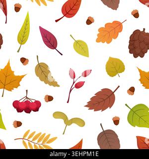 Farbenfrohes, nahtloses Herbstmuster. Saisonales Ahornblatt, Eiche, Birke, Beeren und Eichel. Herbst Natur Druckvorlage für Stoff und Tapeten Stock Vektor