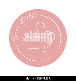 Das kreisförmige Logo in sauberem Pink zeigt eine Badewanne mit weißem Design und dekorativem Dampf. Der Schrifttext „Your Logo“ wird dezent über der Wanne platziert und bietet ein vielseitiges Design für Badprodukte. Stock Vektor
