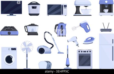 Cartoon-Heimgeräte. Küchengeräte, intelligente elektrische Geräte für den Haushalt. Bügeleisen, Staubsauger, Ventilator, Kühlschrank, wlan-Router, Toaster und fernseher Stock Vektor