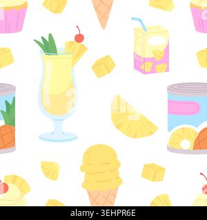 Nahtloses Muster von Ananasnahrung. Süßes Obst, Desserts, Eis, Saft, Pina Colada Cocktail, Cupcake. Tropischer Druck für Stoff, Tapete, Vektor Stock Vektor