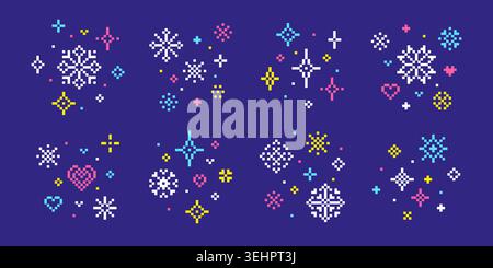 Pixel Winter Elemente. Pixelkunstkompositionen mit Schneeflocken, Sternen und Glitzern. Dekoratives 8-Bit-16-Bit-Design. Kreative saisonale Szenen, ordentlich Stock Vektor