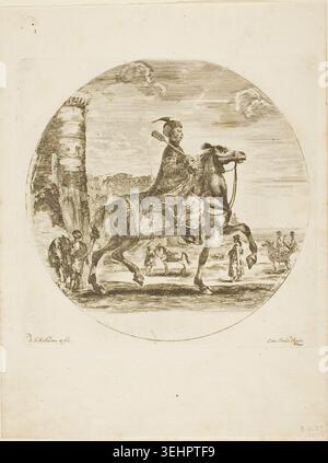 Polnischer Reiter von Stefano della Bella, um 1651, mit einem bewaffneten Reiter auf dem Pferd in der Nähe eines befestigten Turms, begleitet von Soldaten und Gehilfen in einer Landschaft Stockfoto